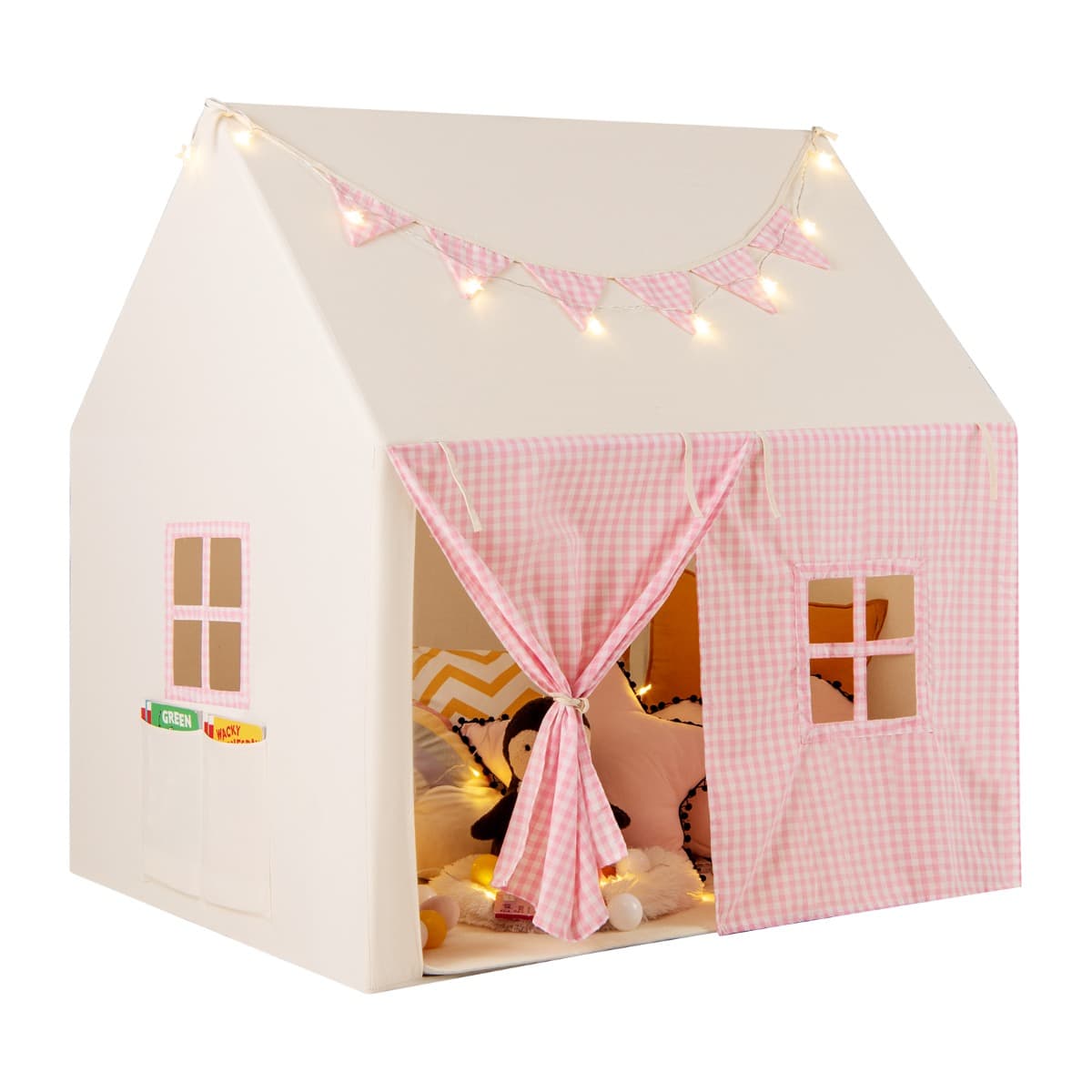 CostwayTente Maison de Jeu Tapis Rembourré 2 Fenêtres 2 Poches de Rangement Lumières Étoiles Bannière de Fanions Tente pour Enfants de 3-8 Ans Rose