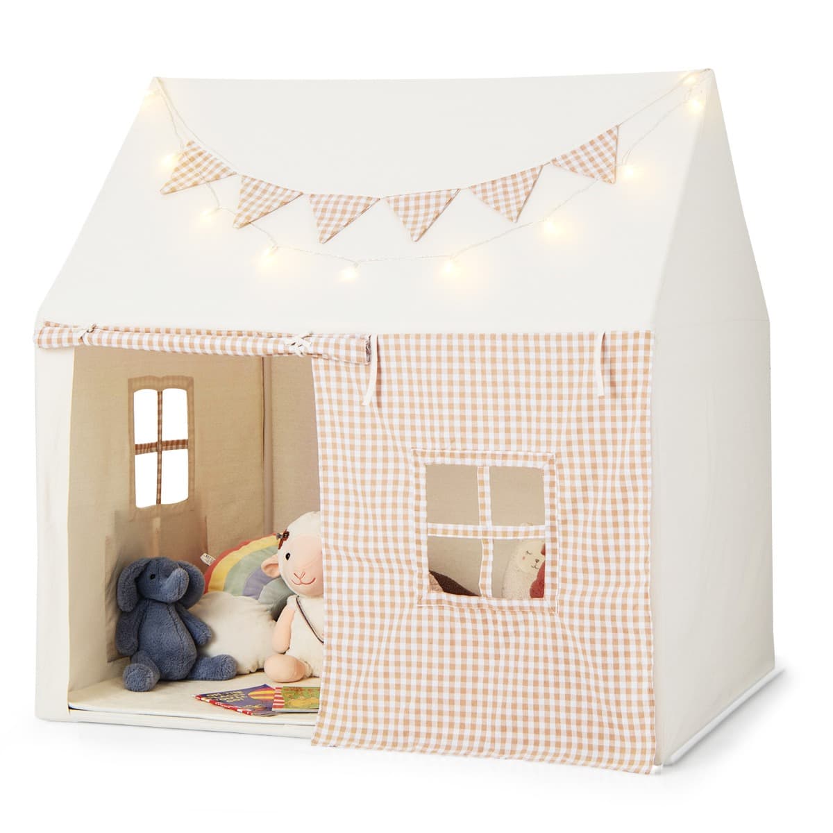 CostwayTente Maison de Jeu Tapis Rembourré 2 Fenêtres 2 Poches de Rangement Lumières Étoiles Bannière de Fanions Tente pour Enfants de 3-8 Ans Beige